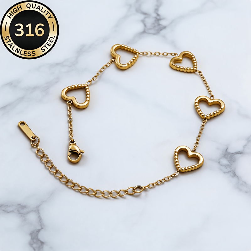 Women's Low Allergy Stainless Steel Double Hollow Heart Bracelet, Elegant Accessory